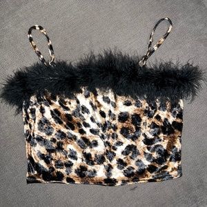 Bear Dance Soft Velour Leopard Tube Top with Marabou Trim - Large